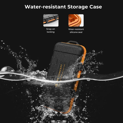 Rugged Water Resistant Camera Battery And Card Case in water, showing snap-on locking and silicone seal, shockproof storage for DSLRs.