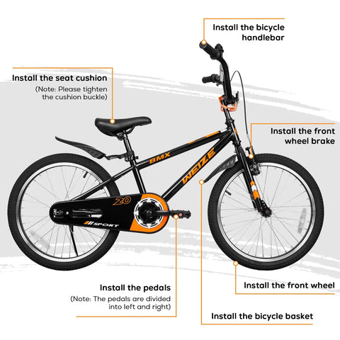 20 Inch BMX Style Kid Friendly Bike For Boys And Girls Ages 4 To 12 With Adjustable Seat Training Wheels Front And Rear Fenders Safe Dual Braking System Black Bicycle. Black BMX bike with assembly instructions.
