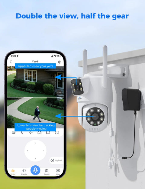 Outdoor Wireless Security Camera System With Dual Lens, 360 Degree Pan And Tilt mounted outside showing app view on phone