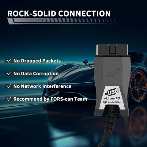 FORScan USB OBD2 Adapter For HS And MS CAN Auto Switch with fast data transfer features in front of car graphic
