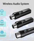 Wireless XLR Mic System With Two Transmitters And One Receiver For Dual Mic Setup, Handles Dynamic And Condenser Mics, Phantom Power Under 24V, Low Latency 4-Channel Digital 2.4 GHz For Interviews, Podcasts, And On Set, showing transmitters and receiver close-up.