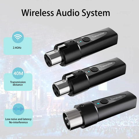 Wireless XLR Mic System With Two Transmitters And One Receiver For Dual Mic Setup, Handles Dynamic And Condenser Mics, Phantom Power Under 24V, Low Latency 4-Channel Digital 2.4 GHz For Interviews, Podcasts, And On Set, showing transmitters and receiver close-up.