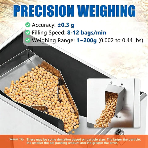 Heavy Duty Automatic Powder Filling Machine 1 To 500 Grams Zero Point Two Gram Accuracy Three Speed Settings Rock Solid Build No Sweat Packaging For Coffee Beans Flour And Dry Grains Food Grade Stainless Steel with precision weighing feature.
