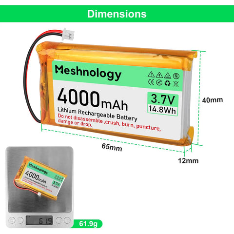 Beefy 3.7V 4000mAh LiPo Battery with USB Charger Cable, dimensions labeled, shown on scale weighing 61.9g.