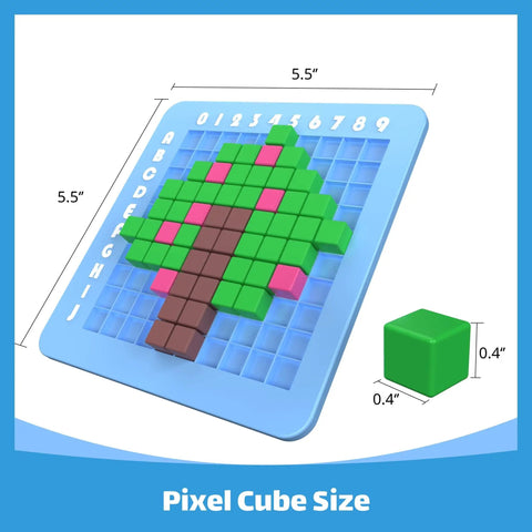 Pixel Art Kit For Kids Creative STEM Toy with pixel pattern and cube size illustration for arts and crafts educational activities.