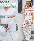 Woman wearing Heart Stethoscope Print Scrub Set For Women Three Piece V Neck Top Straight Leg Pants Cap Nurse Uniform All Day Comfort