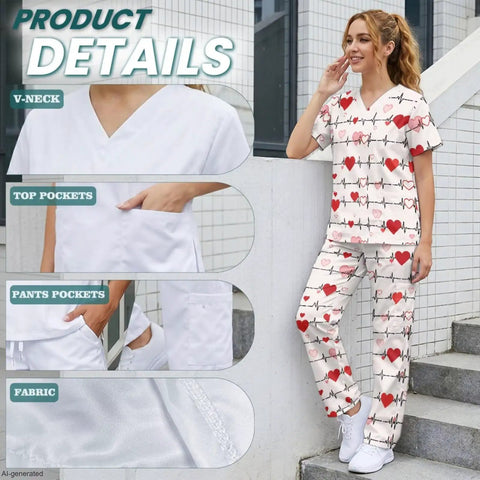 Woman wearing Heart Stethoscope Print Scrub Set For Women Three Piece V Neck Top Straight Leg Pants Cap Nurse Uniform All Day Comfort