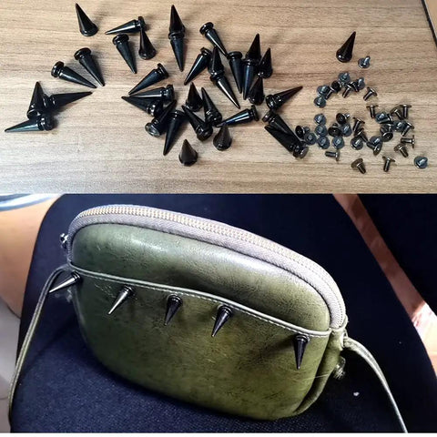 40 Pair Kickass Black Cone Spikes Punk Rivets Hardware Kit With Matching Screws and Heavy Duty Metal Bullet Studs on a green purse.