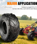16x8-7 ATV Quad Tires All Terrain Off Road Tubeless 4 Ply Set Of 2 For Go Kart UTV with red go-kart in grassy field