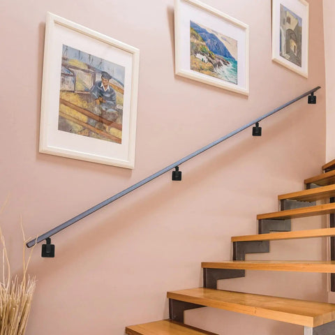 Swivel Handrail Brackets Set, Rugged Heavy Duty Steel Hand Rail Wall Mounts for Staircase Railing, Pack of 4 installed on stair wall