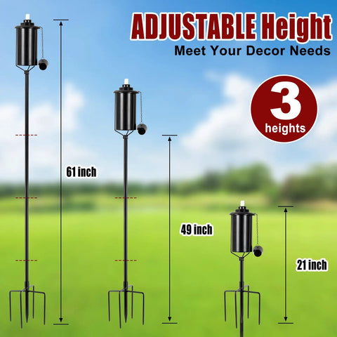 Outdoor Metal Torch Set Six Pack, 16oz Citronella Torches With Five Prong Grounded Stakes, Adjustable Height for patio lighting