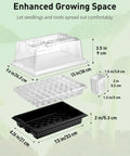 Image showing 80 Cell Seed Starter Trays Kit with Adjustable Grow Light Bars and Full Spectrum LED 3.5-inch Humidity Domes, dimensions detailed.
