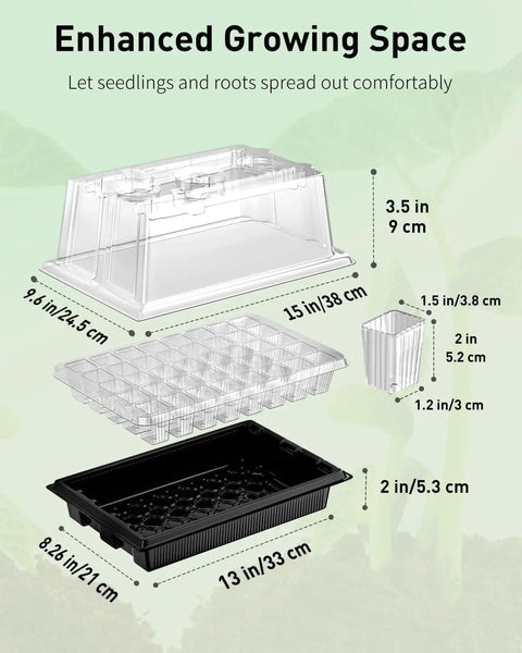 Image showing 80 Cell Seed Starter Trays Kit with Adjustable Grow Light Bars and Full Spectrum LED 3.5-inch Humidity Domes, dimensions detailed.