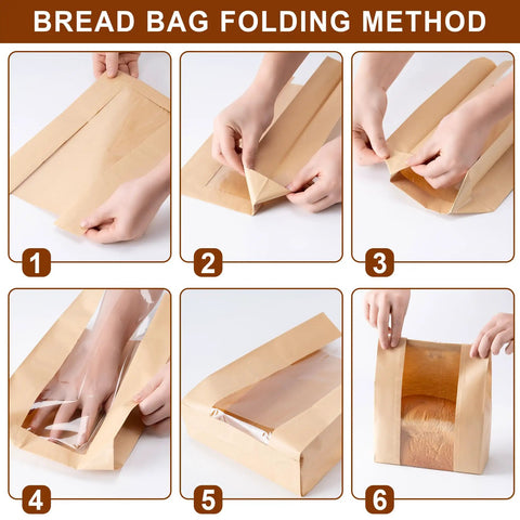 Folding method for Large Window Paper Bread Bags 25 Pack For Sourdough And Homemade Bread With Label Seal Stickers