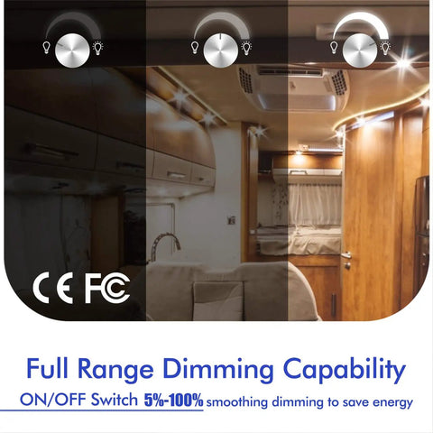 Road Ready Smooth Flicker Free DC Led Dimmer Switch For RV Camper Interior Lighting With Easy Pull Off Knob Controller five to twenty four volt PWM module displayed in RV setting.