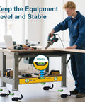 Rock Solid Built Tough Leveling Caster Wheels Set Of 4 Featuring 2200 Lbs Load Capacity on workbench with tools.