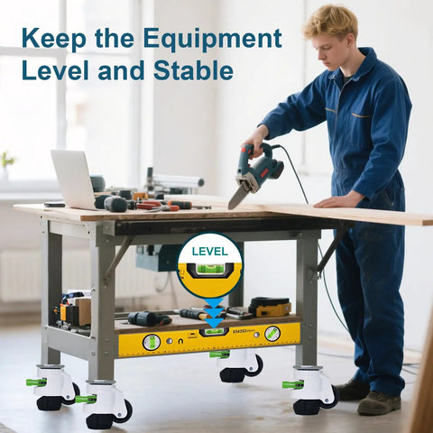 Rock Solid Built Tough Leveling Caster Wheels Set Of 4 Featuring 2200 Lbs Load Capacity on workbench with tools.