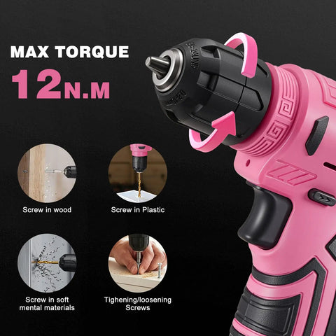 157 Piece Pink Cordless Drill Tool Set With LED Light And Variable Speed showing maximum torque of 12N.M for various materials.