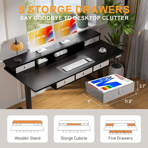 Xin Yao 63 Inch Electric Standing Desk With Five Drawers Ergonomic Height Adjustable Sit Stand Computer Workstation Table Large Desktop Storage For Home Office, features five drawers and dual monitors.