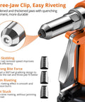 Heavy Duty Pneumatic Rivet Gun Is A Powerhouse Beast With 3924Lbf Pull Force and three-jaw clip for efficient riveting.
