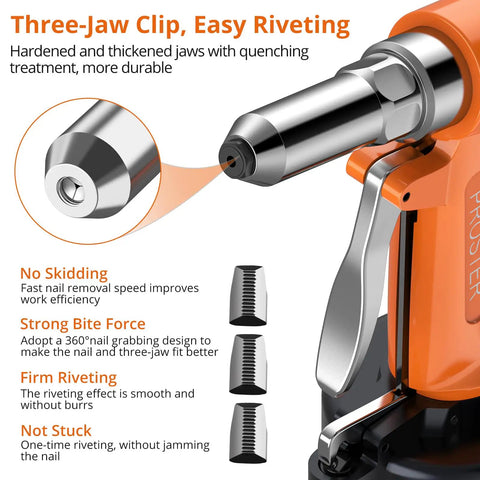 Heavy Duty Pneumatic Rivet Gun Is A Powerhouse Beast With 3924Lbf Pull Force and three-jaw clip for efficient riveting.