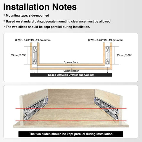 Heavy Duty Drawer Slides With Lock 250 LB Capacity Built Tough Full Extension Ball Bearing Rails Side Mount 22 Inch Fits 18 To 40 Inch Lengths For Cabinets RVs Trucks Vending Machines installation diagram, side-mount clearance