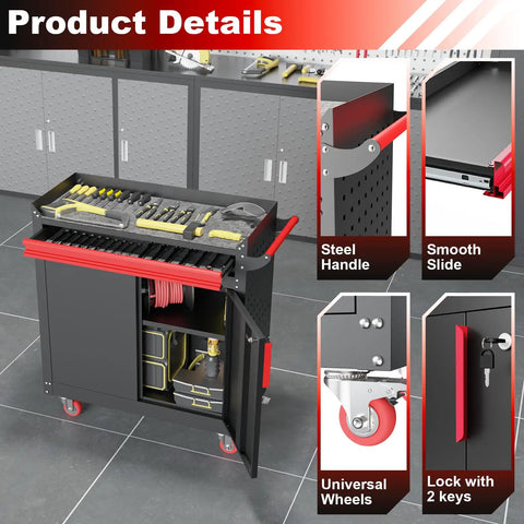 Beefy Metal Garage Storage Cabinet On Wheels With Lockable Doors And Adjustable Shelves, Pegboard, And Heavy Duty Tool Locker For Garage Or Warehouse, open