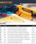 Close-up of Powertec woodworking jig with featherboard and knob kits, showcasing tool setup with bolt specifications.