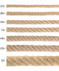 Comparison of different sizes of Heavy Duty 1 Inch Natural Jute Rope Twisted Manila Rope 100 Feet Long for various uses.