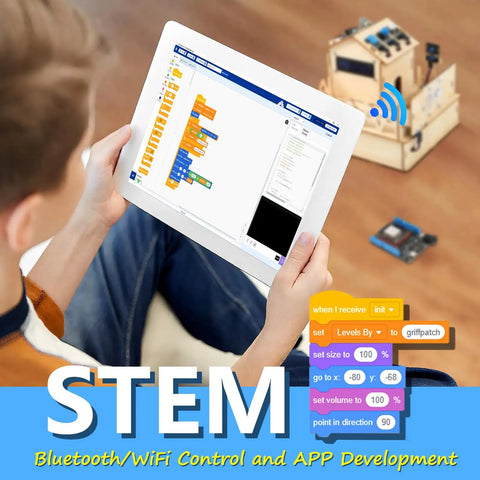 Tablet displaying coding interface with IoT Smart Home Starter Kit For Arduino IDE Hands On STEM Project For Kids Teens And Adults.