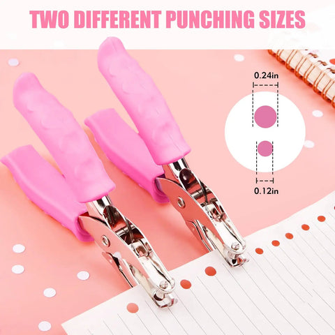 Two Hole Punch Set With Quarter Inch And Eighth Inch Holes, Pink Soft Grip Punch, for home office school crafts, on pink background