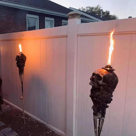 Skull Tiki Torch Set For Halloween Yard Decor, Handcrafted Skull Pattern Outdoor Lights, Weather Resistant Patio Lanterns, installed in garden