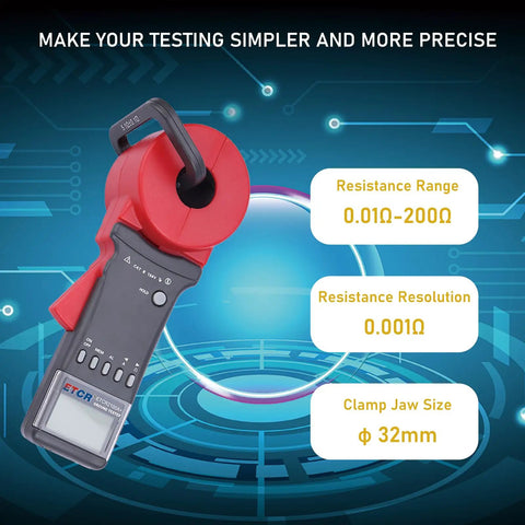 Digital Clamp Ground Resistance Meter 200 Ohm Plus Edition, Fast Readout For Quick Grounding Checks, No Lead Breakdown Needed, Heavy-Duty Tool For Power Construction Oilfields Meteorology And Industrial Equipment, Φ32mm clamp