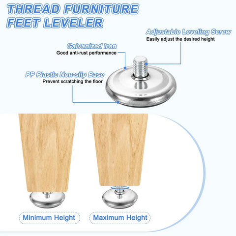 Top Grade M10 Thread Furniture Feet Levelers In Black showing minimum and maximum height adjustments on wood leg.