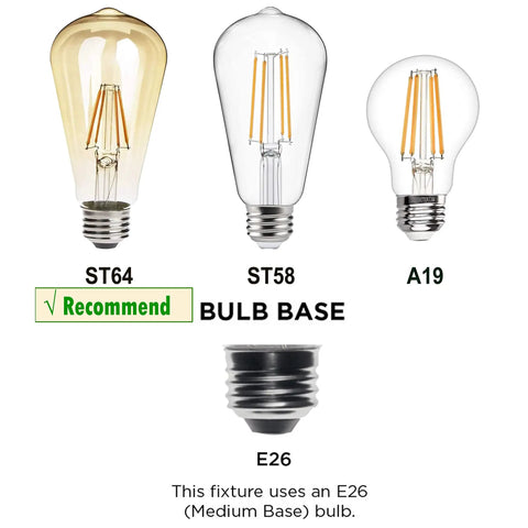 Image showing recommended bulb types: ST64, ST58, A19 with E26 base for Three Light Vanity Light Dope Oil Rubbed Bronze With Clear Cylinder Glass Over Mirror Bathroom Fixture For Modern Farmhouse Style 3 Lamp Vanity Lighting For Any Bath Decor