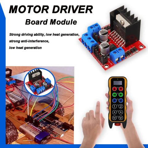 Red L298N Dual H Bridge DC Motor Driver Module for Arduino projects with control board connected to a robot and remote control.