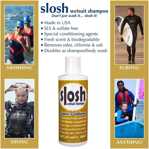 Slosh Wetsuit Cleaner And Conditioner For Water Sports Gear, Naturally Green Formula, Safe On All Wetsuits And Neoprene, 4 Ounce Bottle