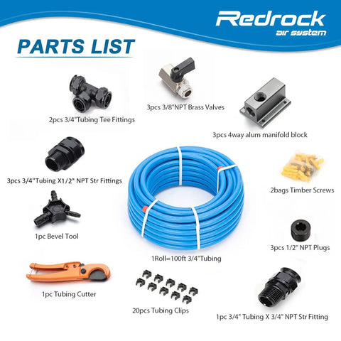 Leak Proof Shop And Garage Ready Air Piping Kit 3/4 Inch By 100 Foot HDPE Aluminum Air Line System For Air Compressors 200 PSI Easy To Install Flexible Piping ASTM F1282 Blue parts including tubing and fittings.