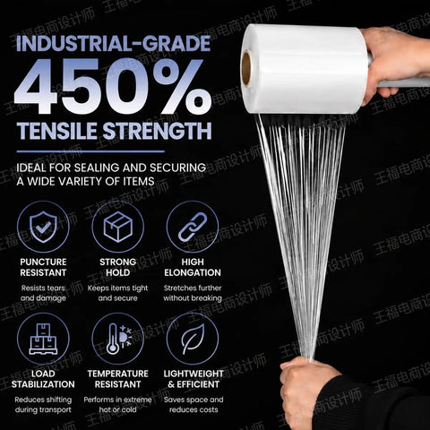 Pro Level Mini Stretch Wrap With No Sweat Handle 5 Inch By 1000 Feet 80 Gauge Cast Film 8 Pack being used, showcasing its durability and tensile strength.
