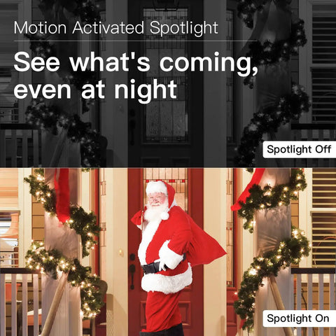 Plug And Play Light Bulb Security Camera 2K showing motion activated spotlight on at night with Santa in doorway