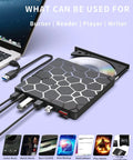 8 In 1 External CD DVD Drive USB 3 And Type C Disc Reader Burner For Laptops And PCs Fast Transfer No Driver Needed Wide Compatibility With Windows Mac And Chrome OS black USB drive with disc tray and laptop