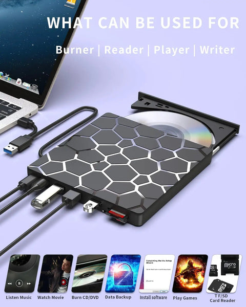 8 In 1 External CD DVD Drive USB 3 And Type C Disc Reader Burner For Laptops And PCs Fast Transfer No Driver Needed Wide Compatibility With Windows Mac And Chrome OS black USB drive with disc tray and laptop