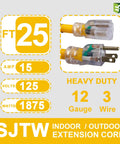 Two Pack 25 Foot Lighted Outdoor Extension Cord Beefy 12 Gauge SJTW Heavy Duty Yellow Cable With 3 Prong Grounded Plug LED
