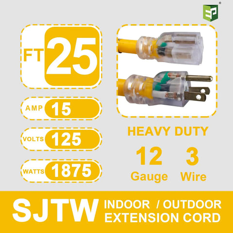 Two Pack 25 Foot Lighted Outdoor Extension Cord Beefy 12 Gauge SJTW Heavy Duty Yellow Cable With 3 Prong Grounded Plug LED