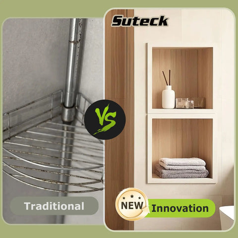 Comparison between traditional shower caddy and Square Shower Niche Recessed Wall Box 16 By 16 Inches With Single Shelf Tile Ready For Bathroom Storage