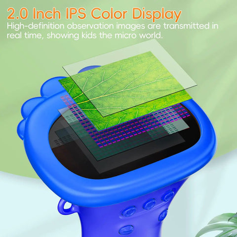 Kids Digital Microscope With 2 Inch IPS Display, 1000X Magnification, showing layered graphics on screen