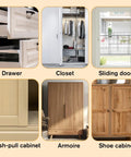 Different types of cabinet and closet doors including drawer, closet, sliding door, push-pull cabinet, armoire, and shoe cabinet.