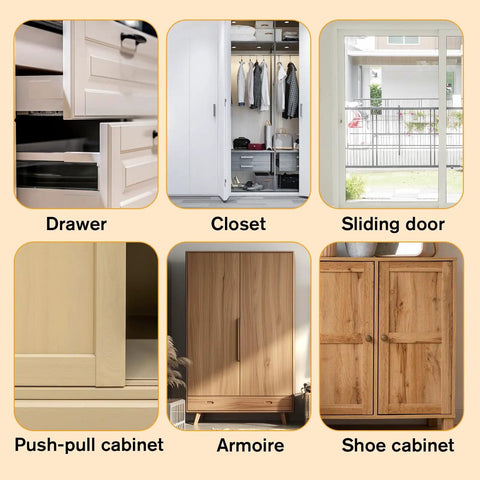 Different types of cabinet and closet doors including drawer, closet, sliding door, push-pull cabinet, armoire, and shoe cabinet.