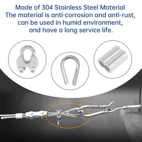 24 Piece M8 Wire Rope Cable Clamp Ferrule Kit with close-up of stainless steel clamp, thimble, and sleeve in use
