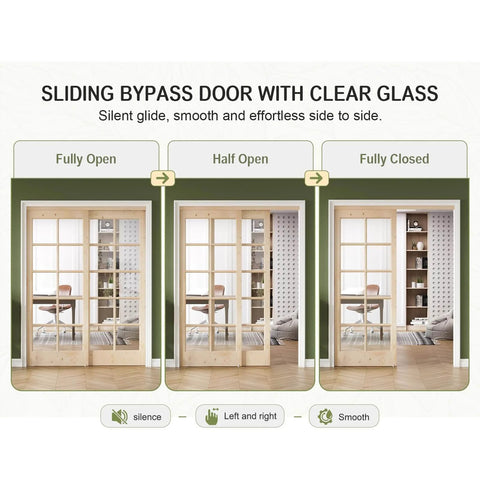 Preassembled Solid Spruce Wood Double Sliding Closet Doors Set With Bypass Hardware Track Kit 60 Inch By 80 Inch Two 31 Inch Tempered Clear Glass Panels Barn Door Slab For Interior Pantry Kitchen Built To Last Rustic Style in various open positions